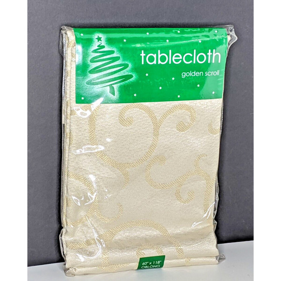 Bed Bath and Beyond Tablecloth 60 x 118" Oblong Golden Scroll Christmas NEW - Picture 1 of 4